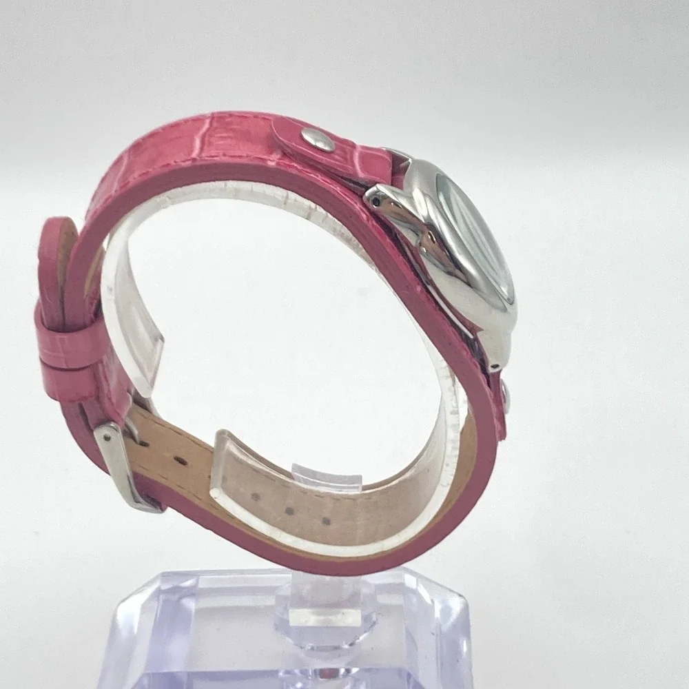 Fossil F2 Women's Watch 23mm Silver Tone Date Pink Leather Cuff MOP New Battery